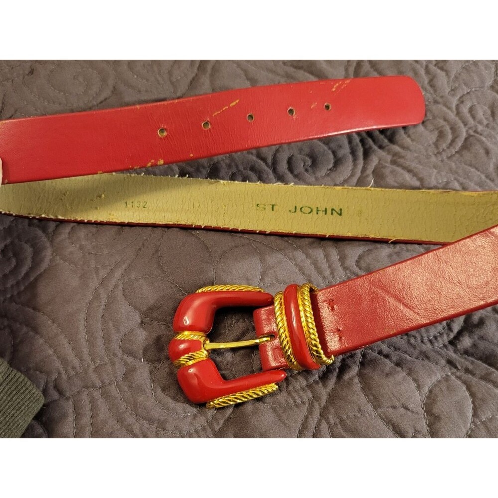 Vintage St John Red Leather Belt With Red Enamel And Gold Buckle 34" Worn